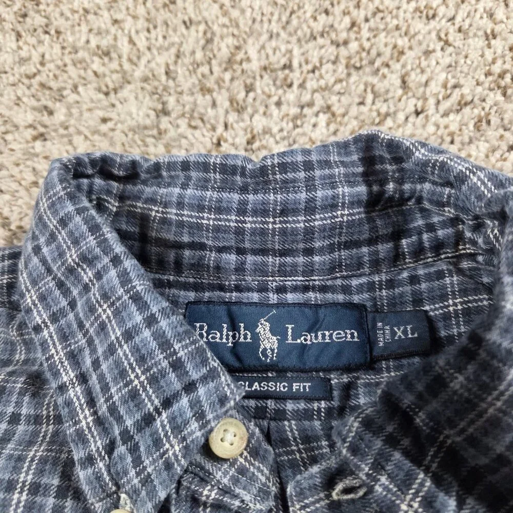 Polo Ralph Lauren Shirt Mens Plaid Blue Flannel Outdoors Long Sleeve Button Up